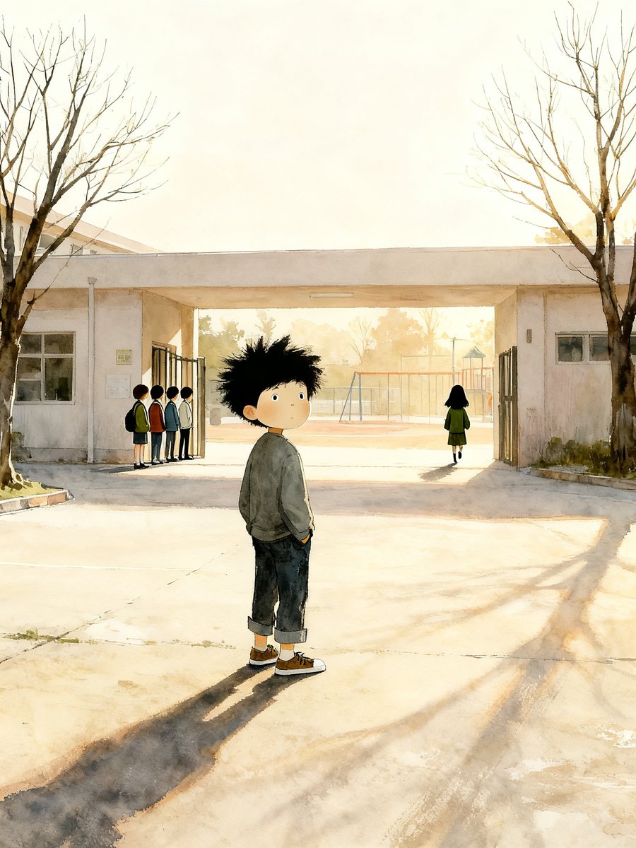 Un chico solo en la entrada del patio de la escuela