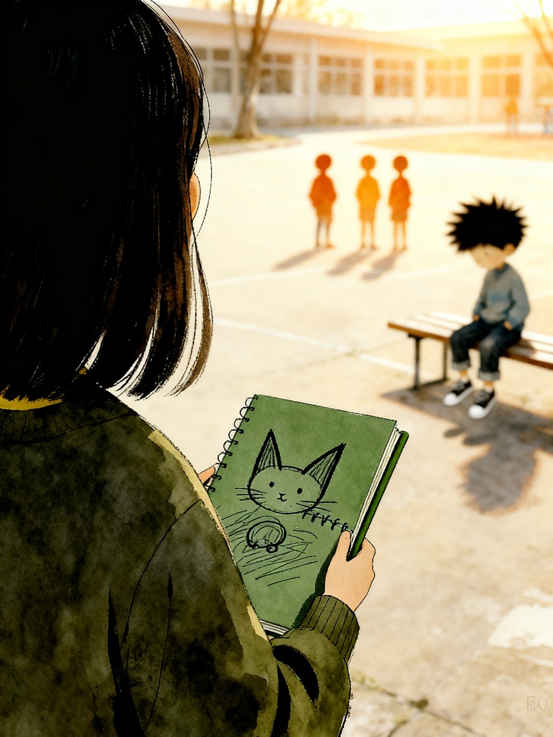 Iris dibuja un gato en su cuaderno verde; al fondo, un chico solo en un banco