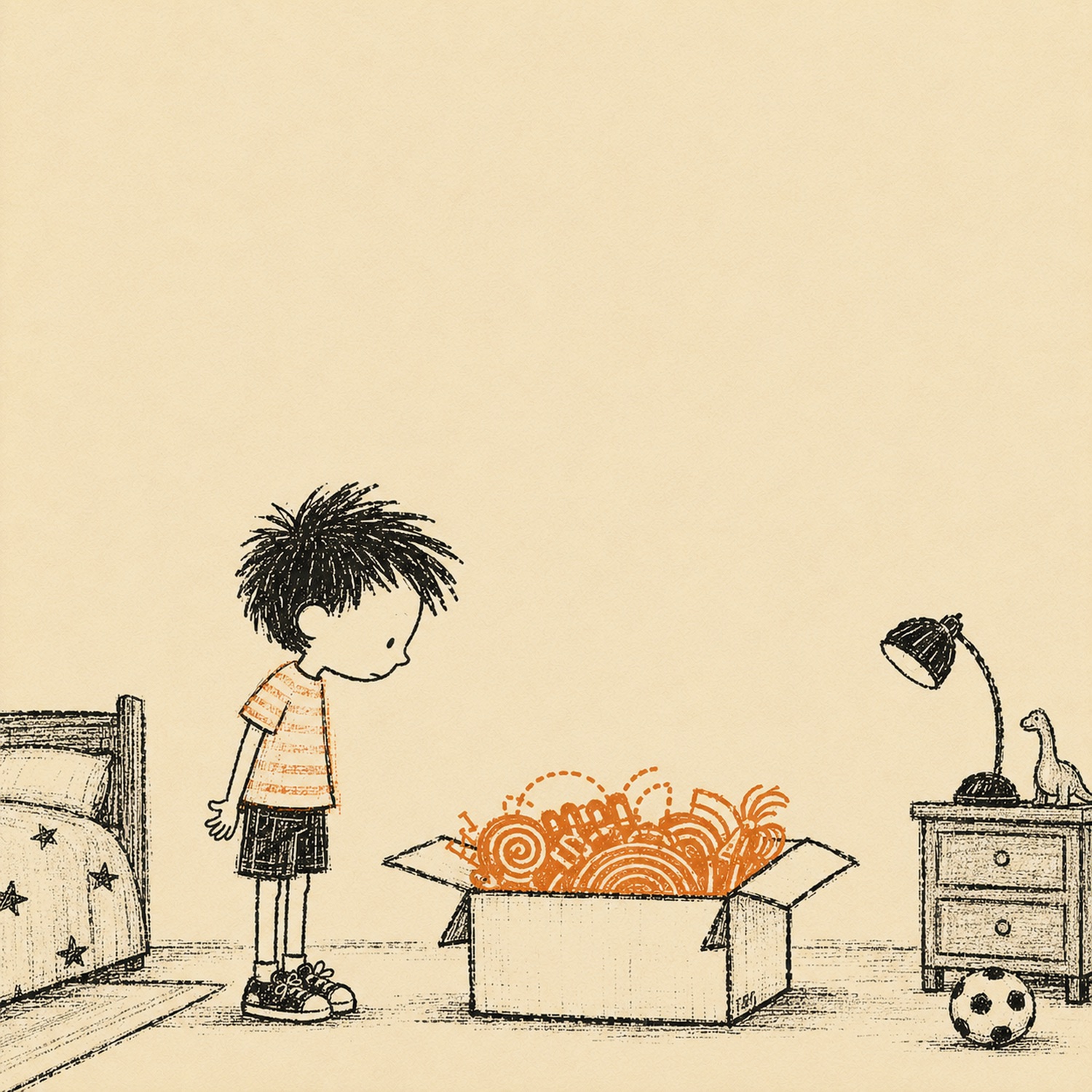Un chico mira una caja de cartón llena de garabatos naranjas
