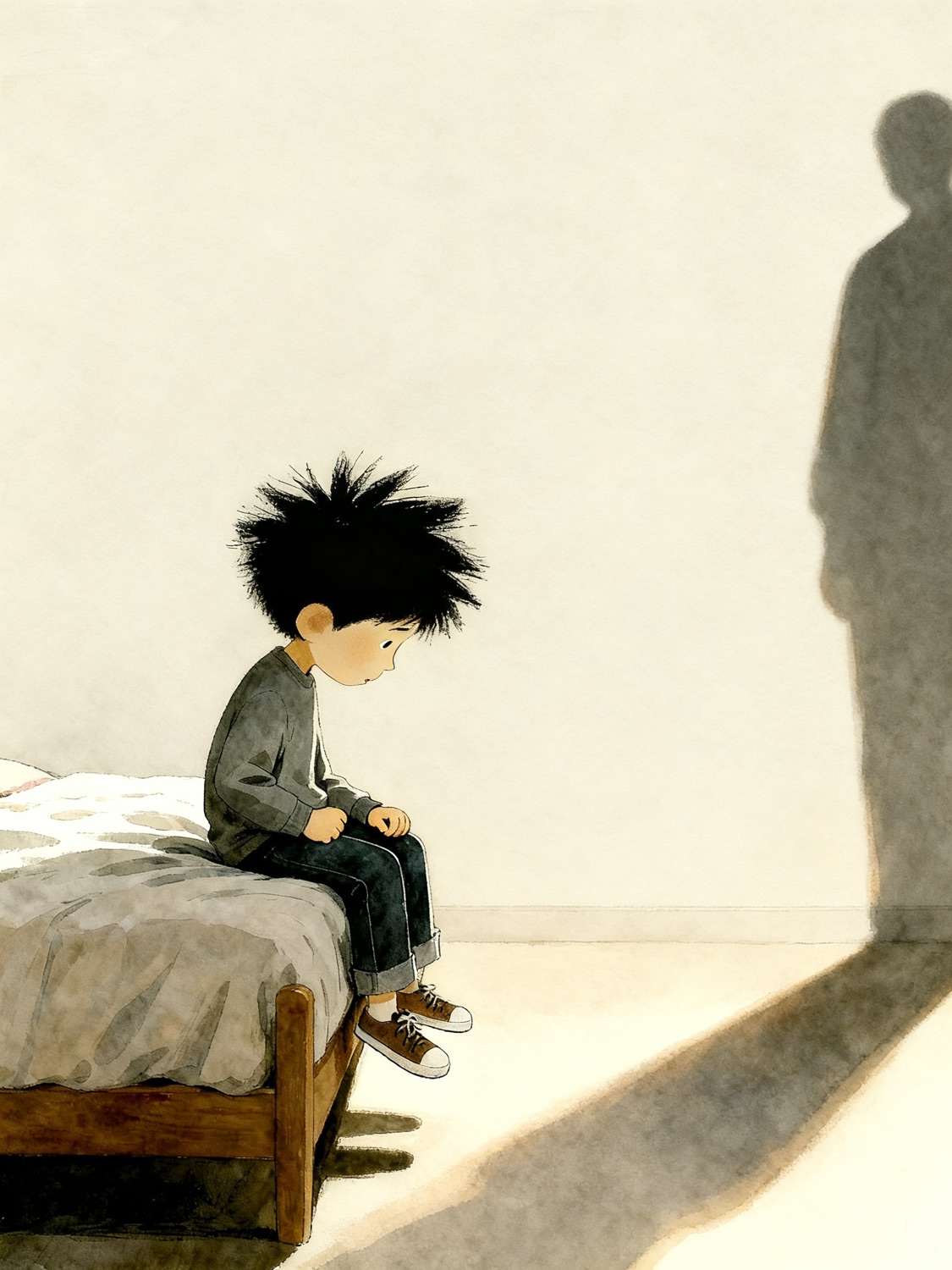 Un chico sentado al borde de la cama, mirando el piso; la sombra de un adulto en la pared